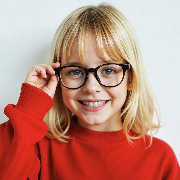 Smiling girl holding her glasses wearing red jumper.