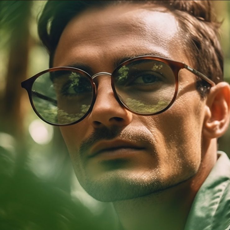 A brunette handsome man wearing brown glasses.