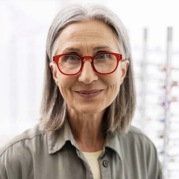 An older lady is wearing red brick spectacles while smiling.